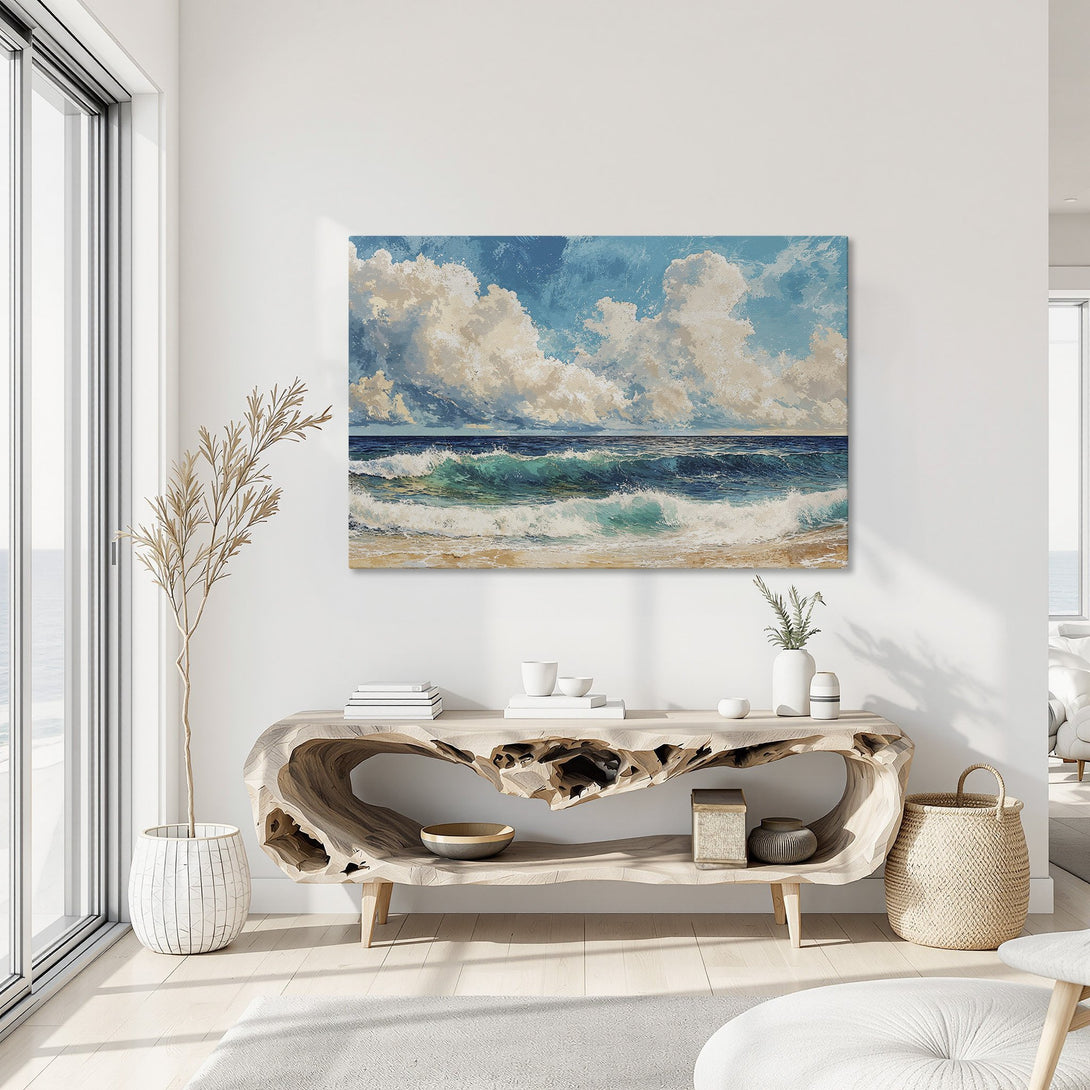 Framed Wall Art: Coastal waves canvas print in a gold frame. Blue, teal, and beige color palette. Perfect for modern home decor and beach house vibes.