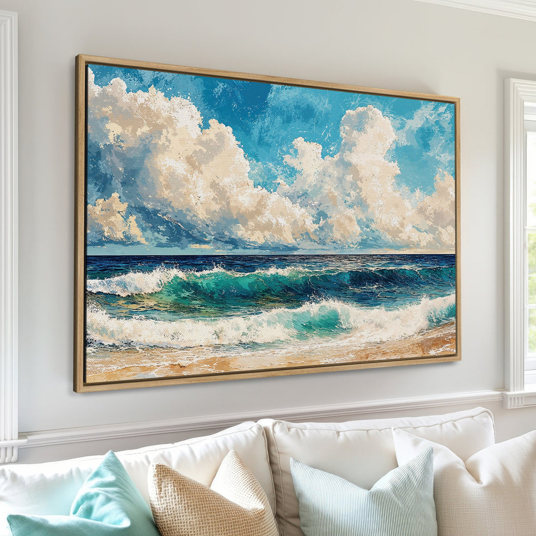 Framed Wall Art: Ocean waves painting in blue, teal, and beige. Coastal artwork in a living room setting. Add a touch of serenity to your home decor.