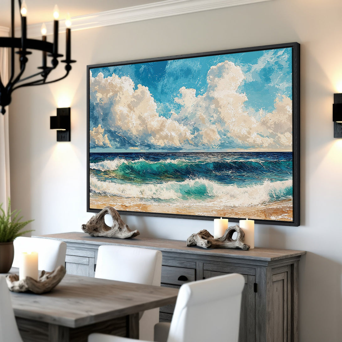 Framed Wall Art: Coastal scene canvas print with blue, teal, and beige hues. Perfect for a calming, beachy vibe in your home.