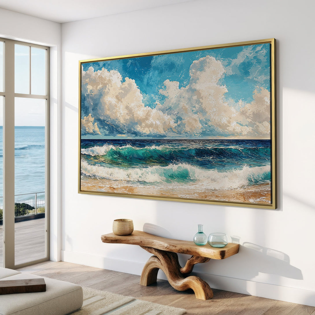 Canvas Print of a seascape painting with blue, turquoise, and beige hues. Coastal wall art in a modern interior, perfect for adding a touch of serenity.