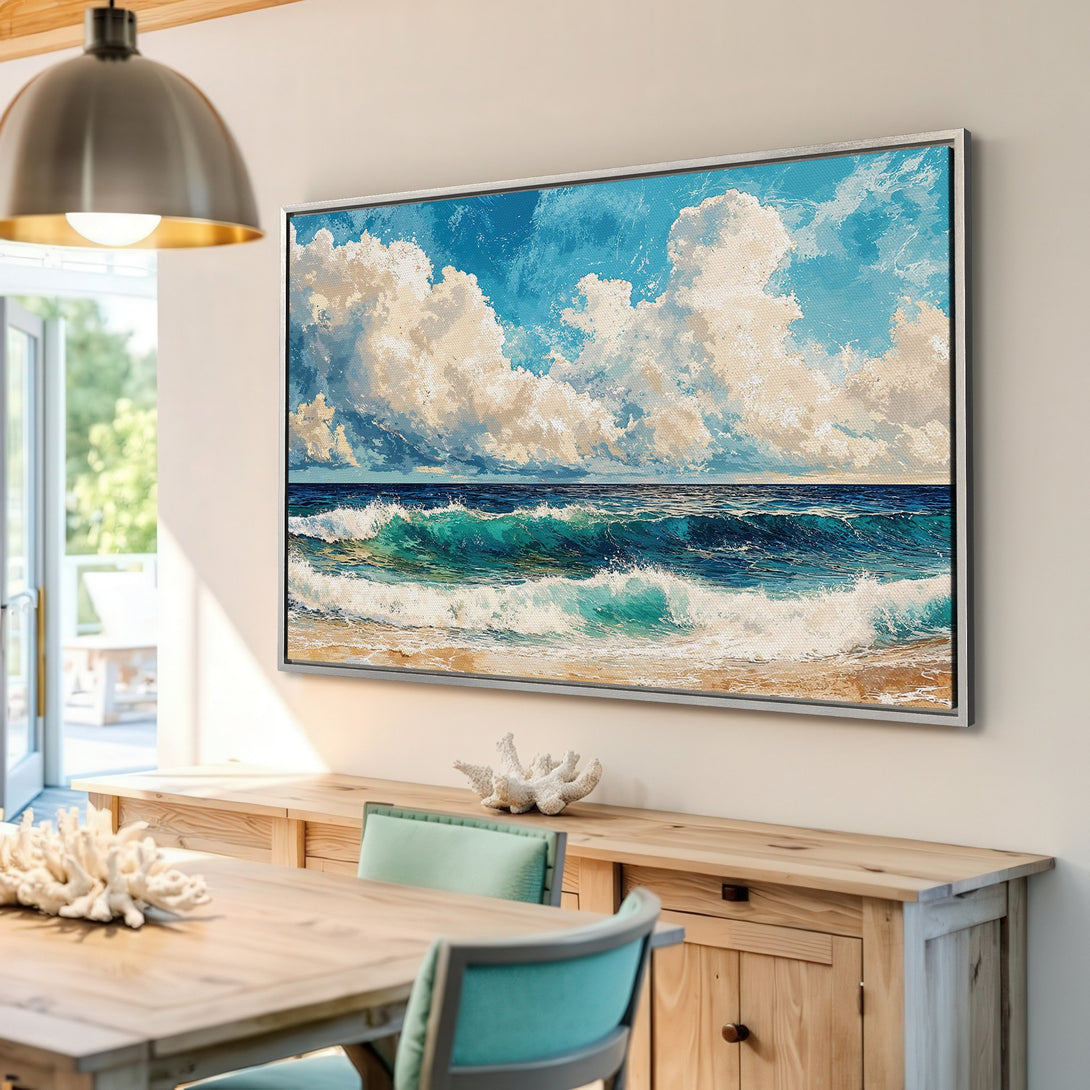 Framed Wall Art: Coastal Canvas Print of ocean waves with blue, teal, and beige tones. Perfect for adding a touch of serenity to your home decor.