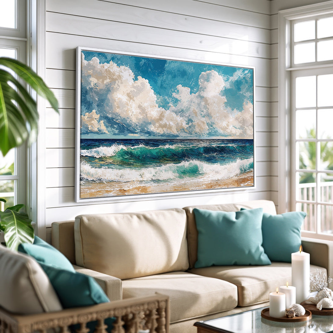 Framed Wall Art: Coastal scene Canvas Print with ocean waves in blue and teal hues. Bring the beach vibes home with this stunning artwork!