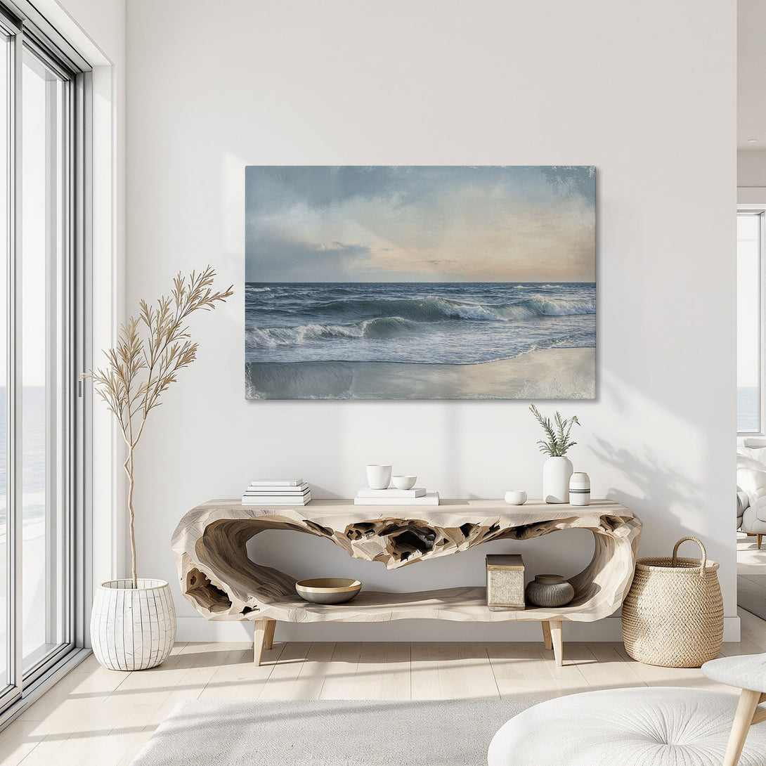 Framed Wall Art of ocean waves in a coastal style. Blue, beige, and gold color palette. Bring the beach to your home with this canvas print.