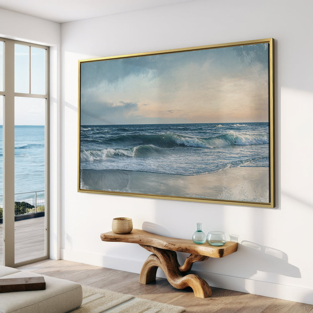 Canvas Print of serene ocean waves in a coastal style. Soft blue and neutral tones create a calming atmosphere for any space.