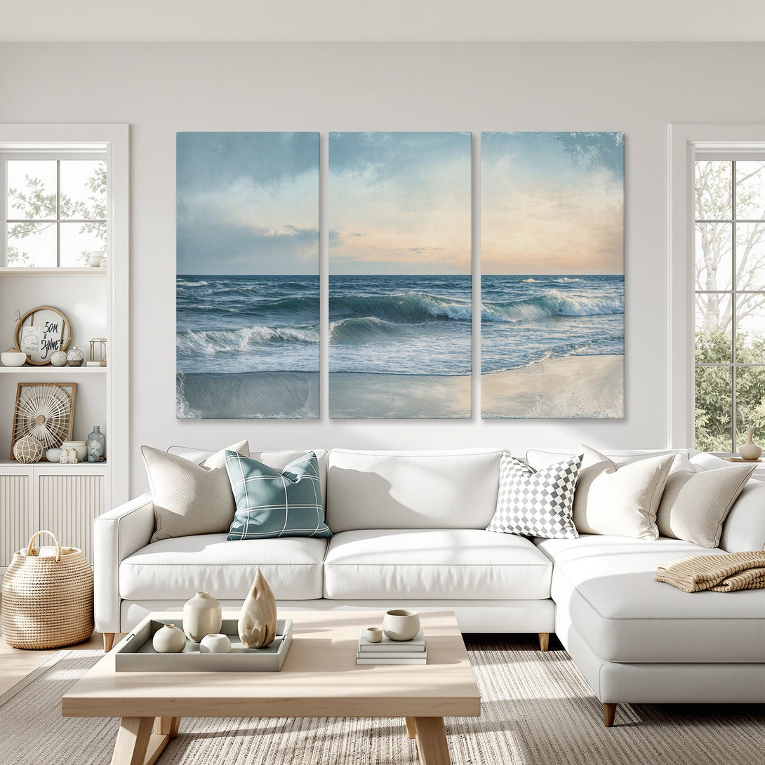 Canvas Print of a serene ocean scene in calming blue and beige tones, perfect for coastal decor.
