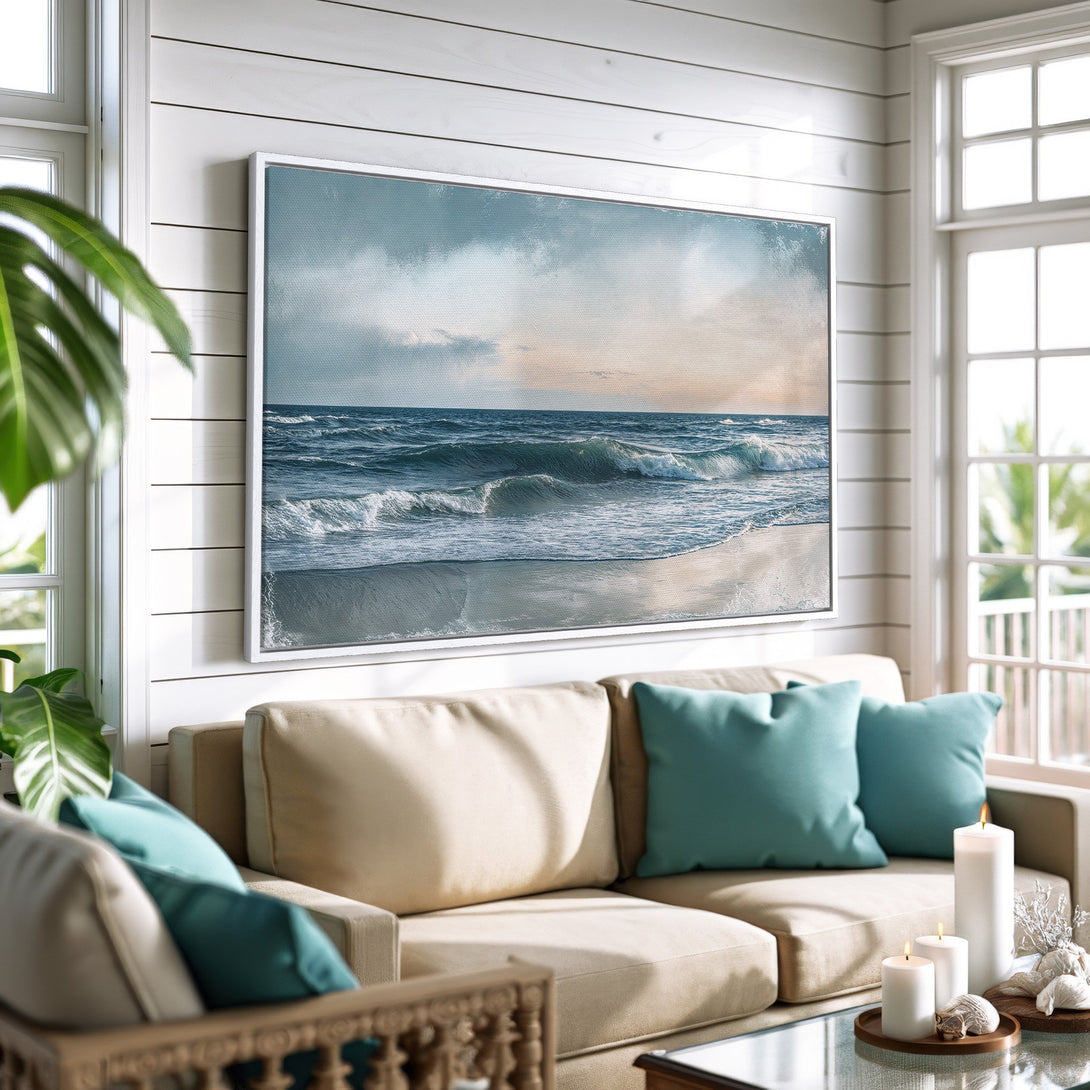 Framed Wall Art of ocean waves in a coastal style, featuring a calming blue and neutral color palette. Perfect for adding a touch of serenity to your home.