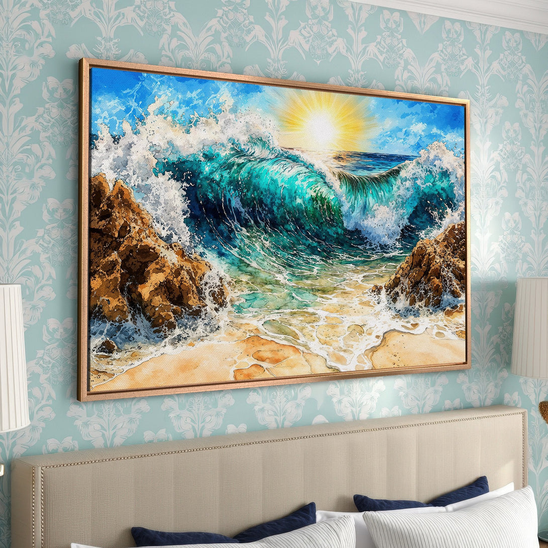 Framed Wall Art: Stunning ocean wave painting in vibrant blues, greens, and yellows. Coastal art style, perfect for adding a touch of serenity to your home decor.