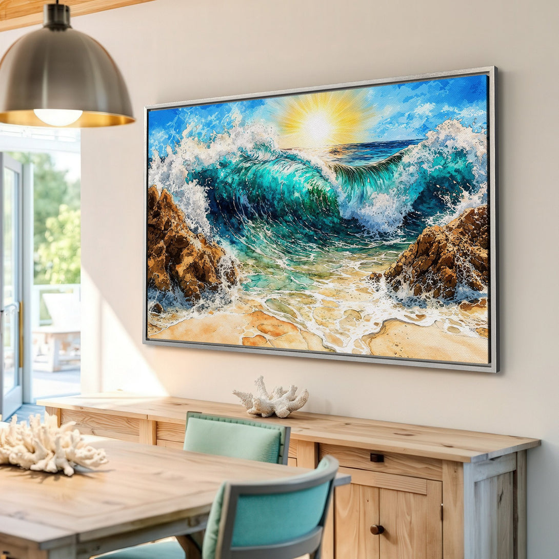 Framed Wall Art: Stunning watercolor ocean wave art in teal and blue hues. Coastal decor perfect for adding a touch of serenity to your home.