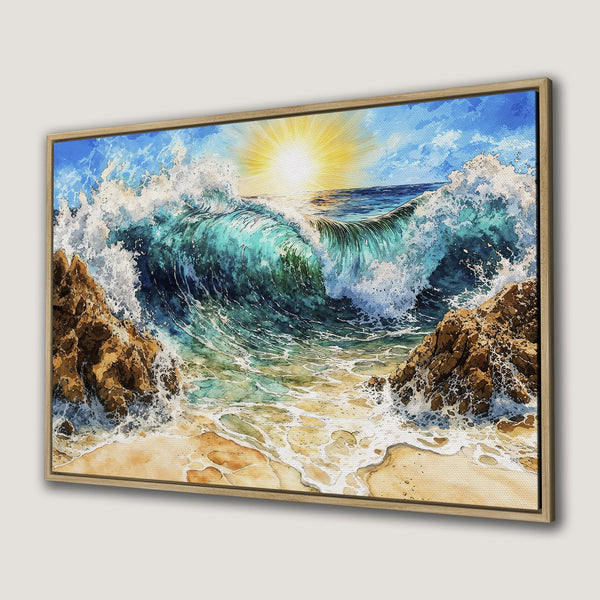 Framed Wall Art: Watercolor ocean wave art in blue, turquoise, and gold. Coastal canvas print for a serene home decor vibe.