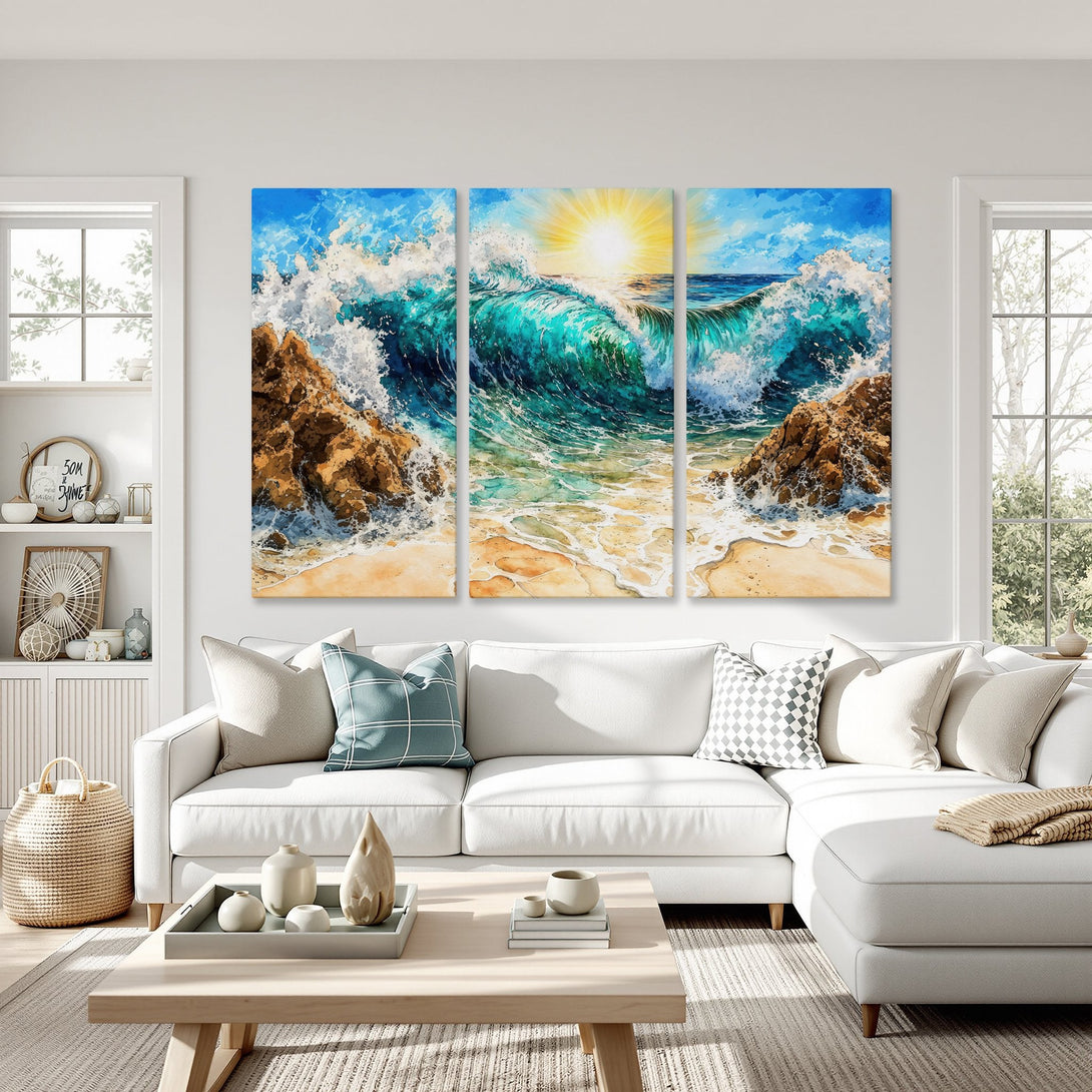 Canvas Print of a vibrant ocean wave painting in blue, turquoise, and yellow, displayed in a bright, modern living room.