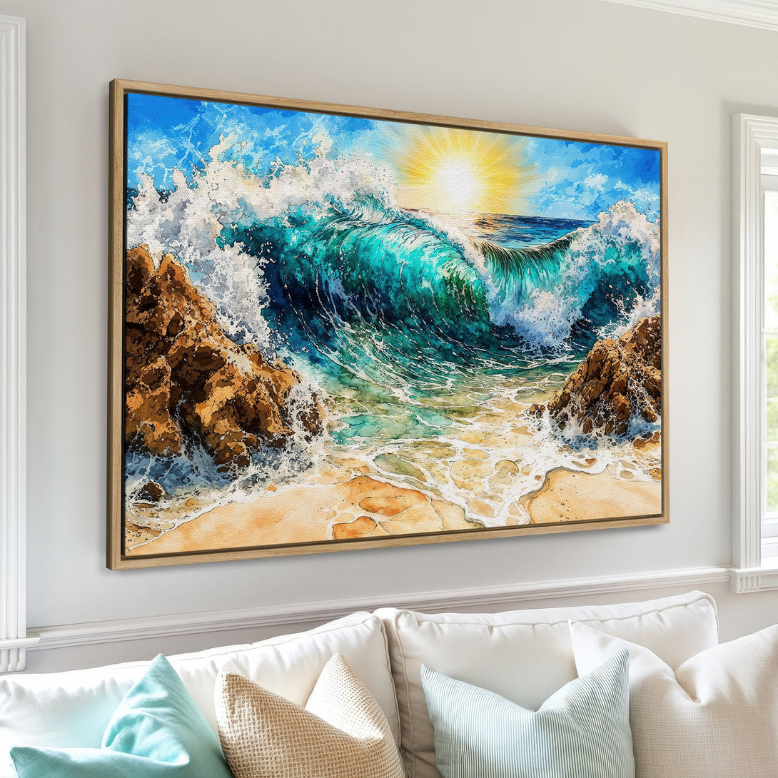 Framed Wall Art: Watercolor ocean wave canvas print in teal, blue, and yellow. Coastal decor for a serene home.