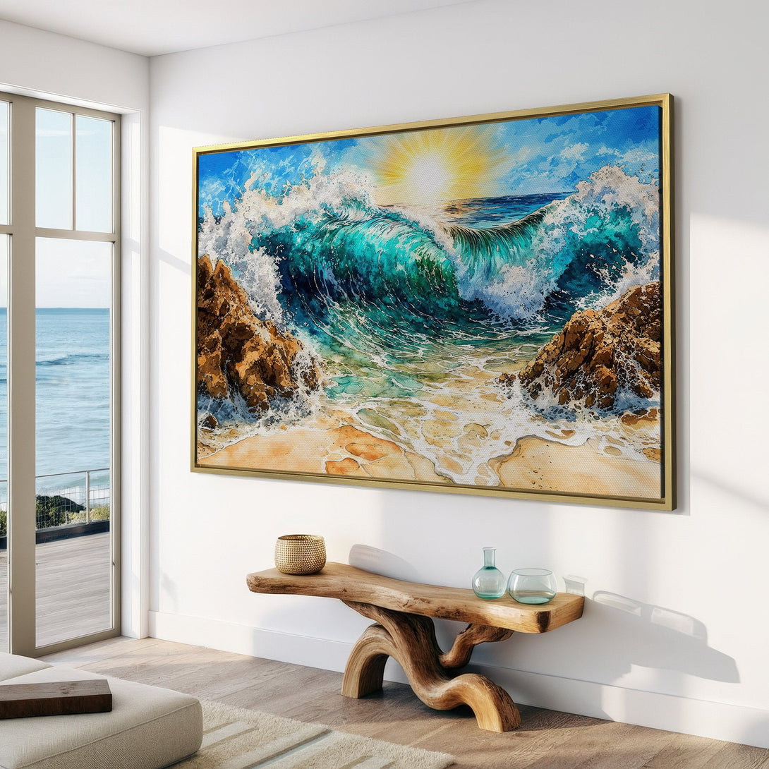 Canvas Print of a vibrant ocean wave painting, featuring turquoise, blue, and yellow hues. Coastal wall art perfect for any home.