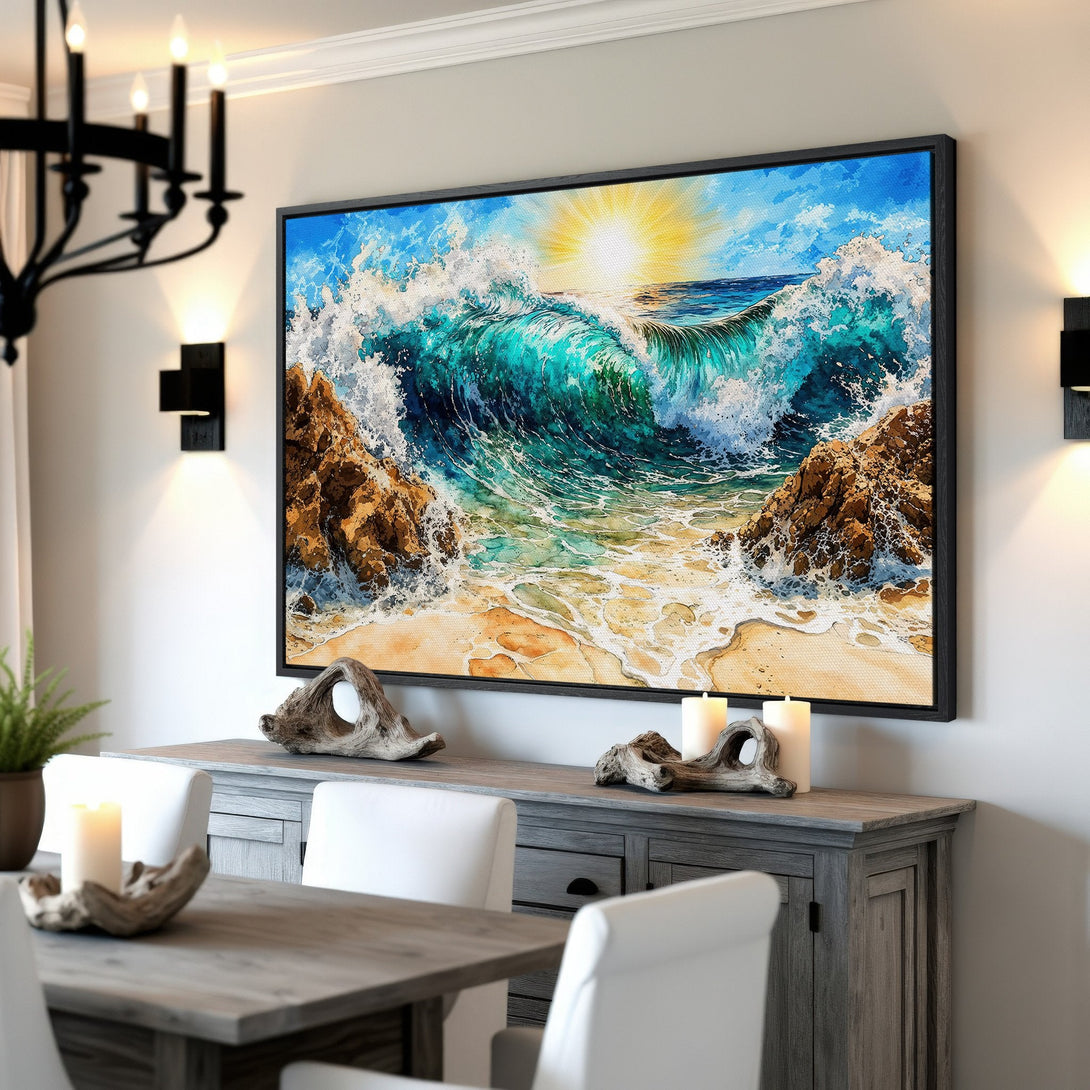 Framed Wall Art of a vibrant ocean wave in blue and turquoise hues. Coastal art print adds a touch of serenity to any interior.