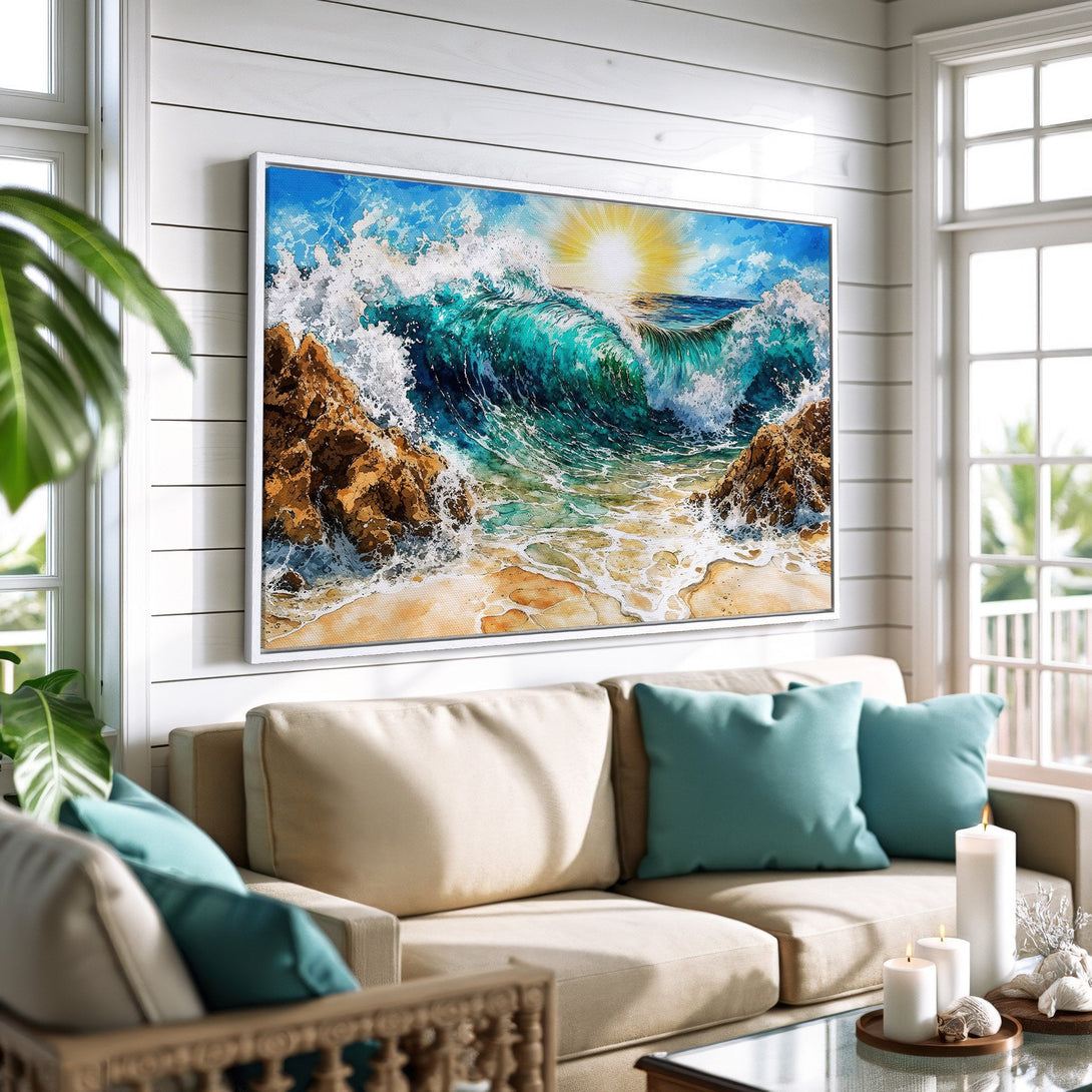 Framed Wall Art: Coastal wave art in teal and gold tones, perfect for a beachy living room. Enhance your space with this stunning Canvas Print.