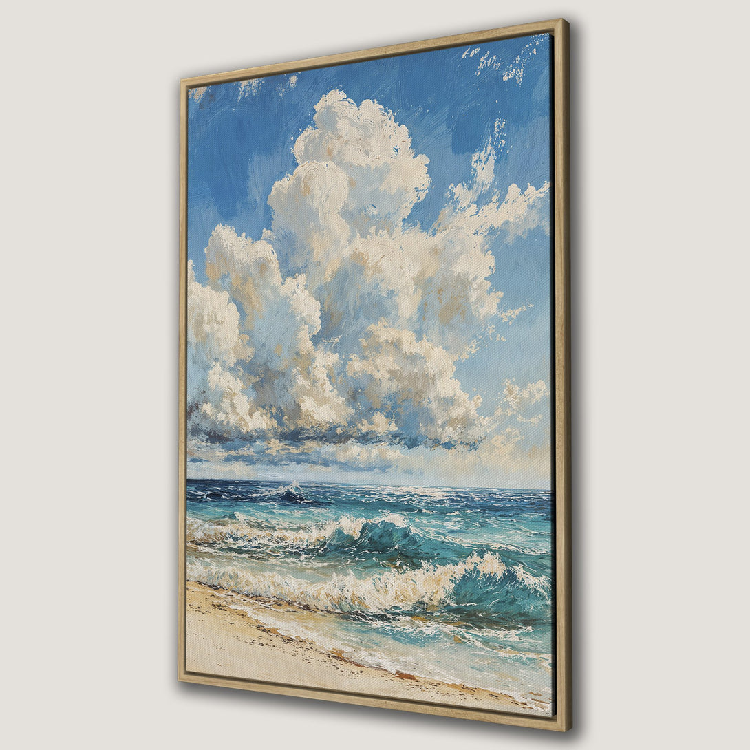 Framed Wall Art Canvas Print of a serene seascape with blue ocean, white clouds, and sandy beach. Impressionistic style, calming color palette.
