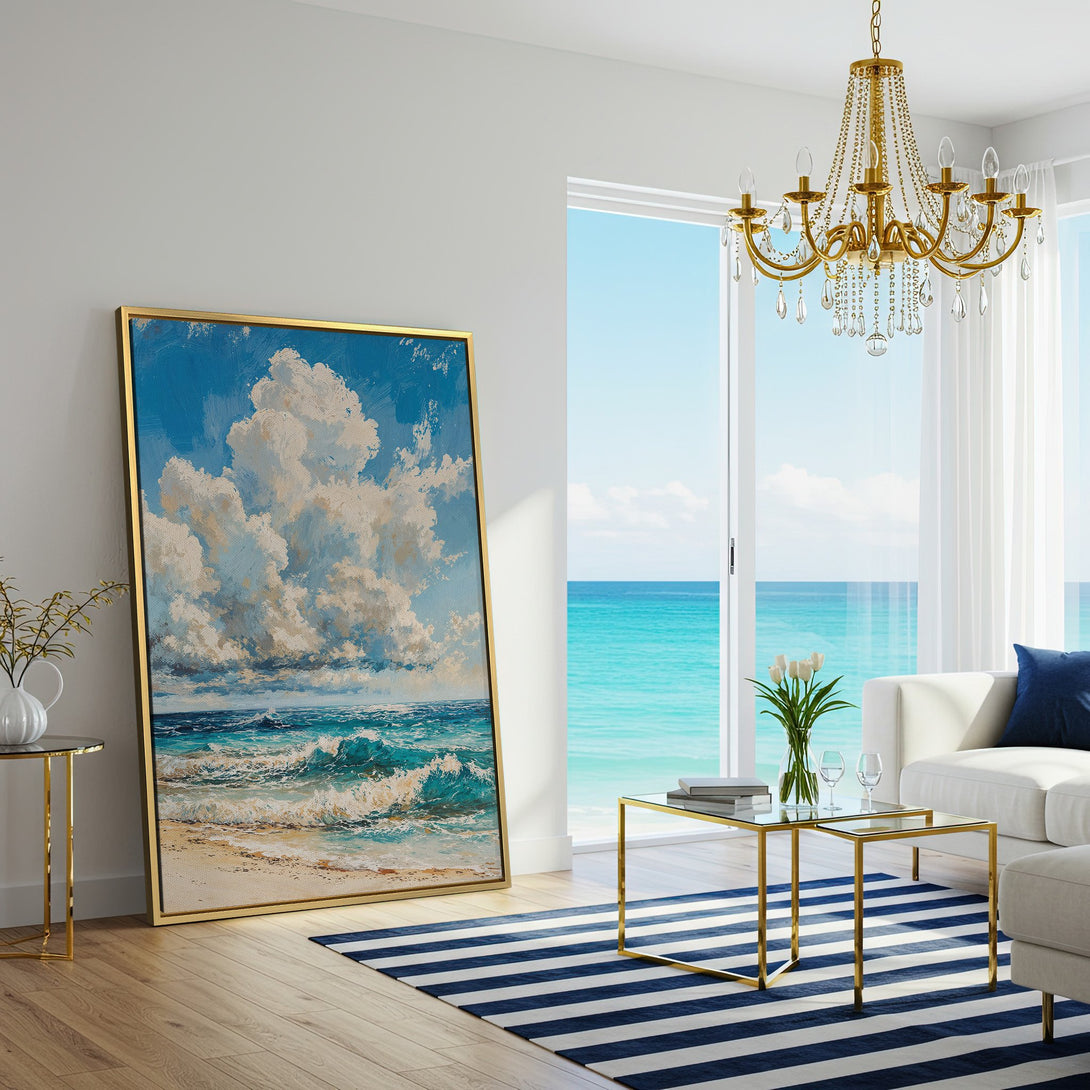 Canvas Print of a vibrant beach scene in a coastal interior. Features blue, white, and teal hues, perfect for adding a touch of serenity to your home.