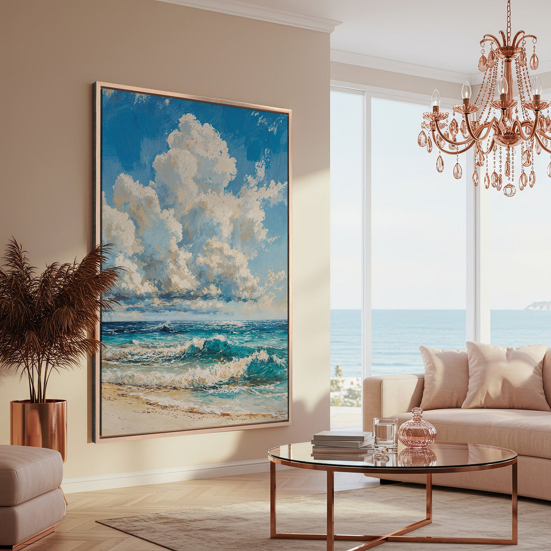 Framed Wall Art: Coastal landscape Canvas Print in blue and white, adding a touch of serenity to a modern living room.