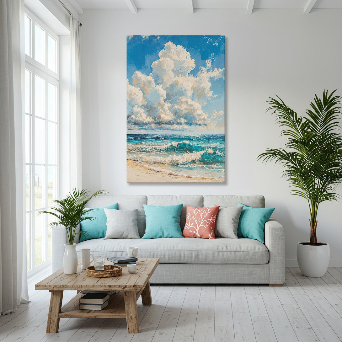 Framed Wall Art: Coastal scene Canvas Print in blue and white, displayed in a bright, airy interior with ocean view. Perfect for modern home decor.