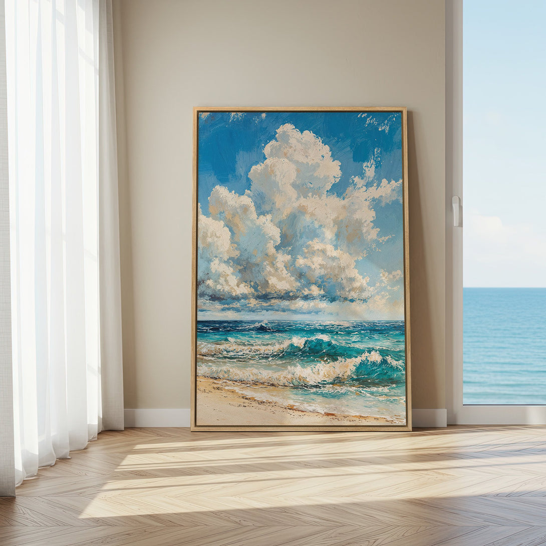 Framed Wall Art: Ocean waves painting in blue and white, displayed in a bright interior. Coastal art for a serene home.