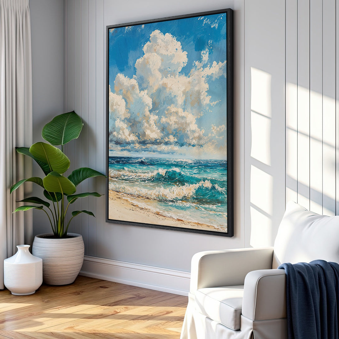 Framed Wall Art: Coastal landscape Canvas Print with vibrant blue, turquoise, and sandy tones. Perfect for adding a touch of serenity to your home decor.