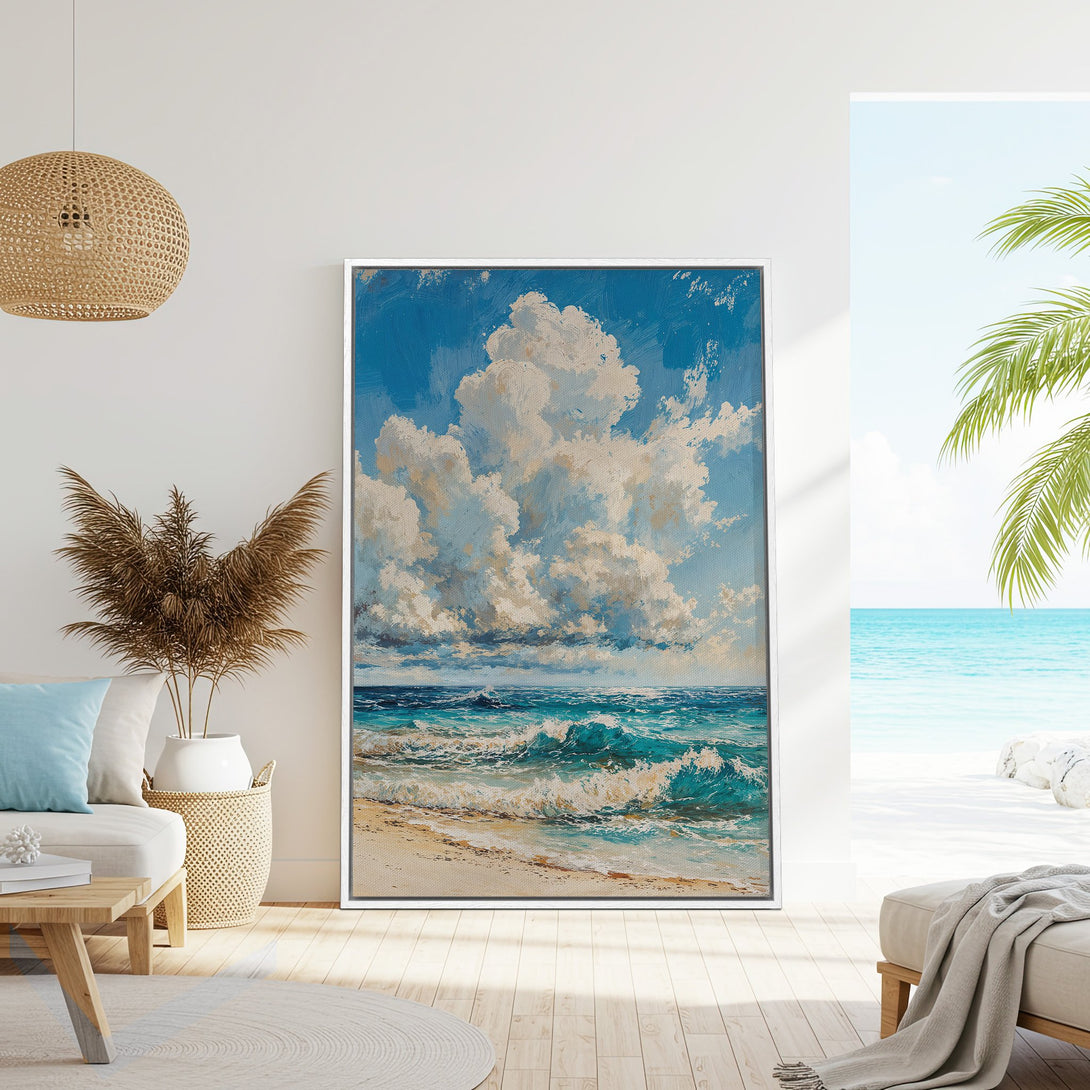 Framed Wall Art: Coastal landscape Canvas Print with blue, white, and beige hues. Perfect beach decor for a calming, artistic touch.