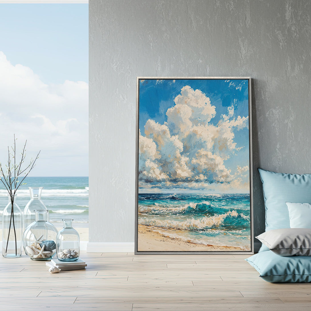 Framed Wall Art featuring a vibrant ocean scene with blue and turquoise hues. Coastal art print in a calming, impressionistic style for your home decor.