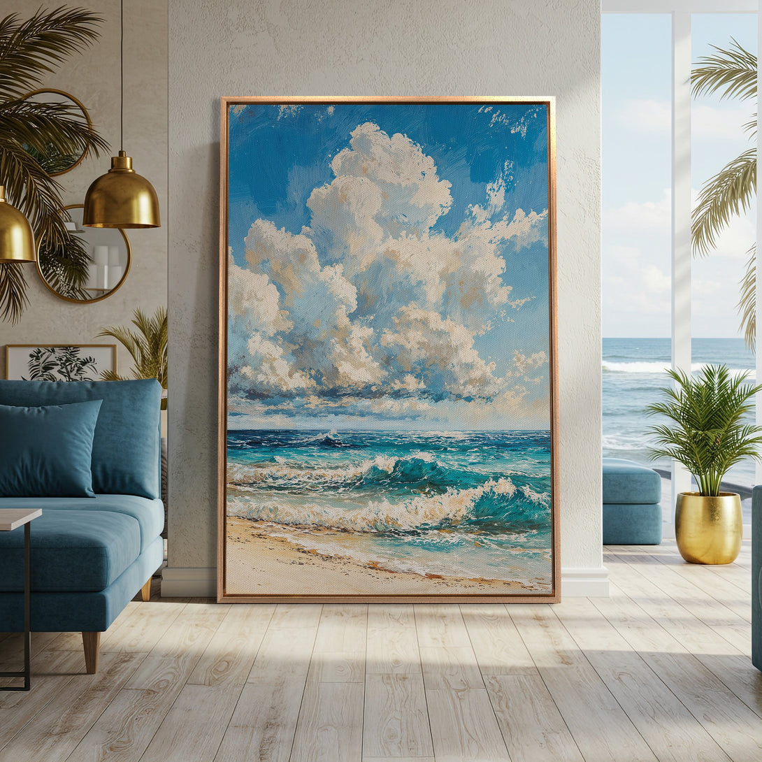Framed Wall Art: Coastal landscape Canvas Print with blue, white, and turquoise hues. Perfect for adding a serene, beachy vibe to your home decor.