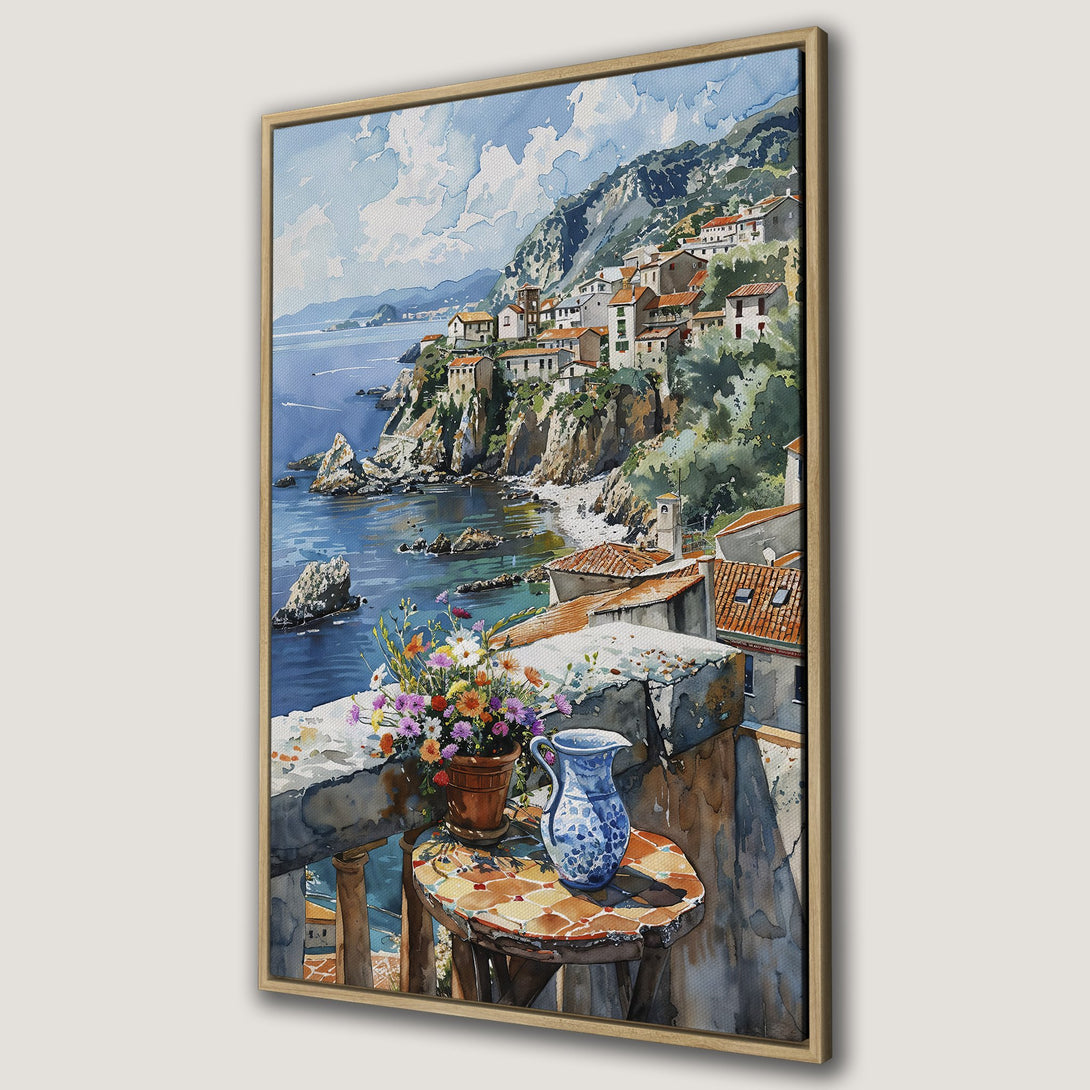 Framed Wall Art Canvas Print: Coastal village watercolor painting with blue, green, and orange hues. Perfect for adding a touch of Mediterranean charm to your home.