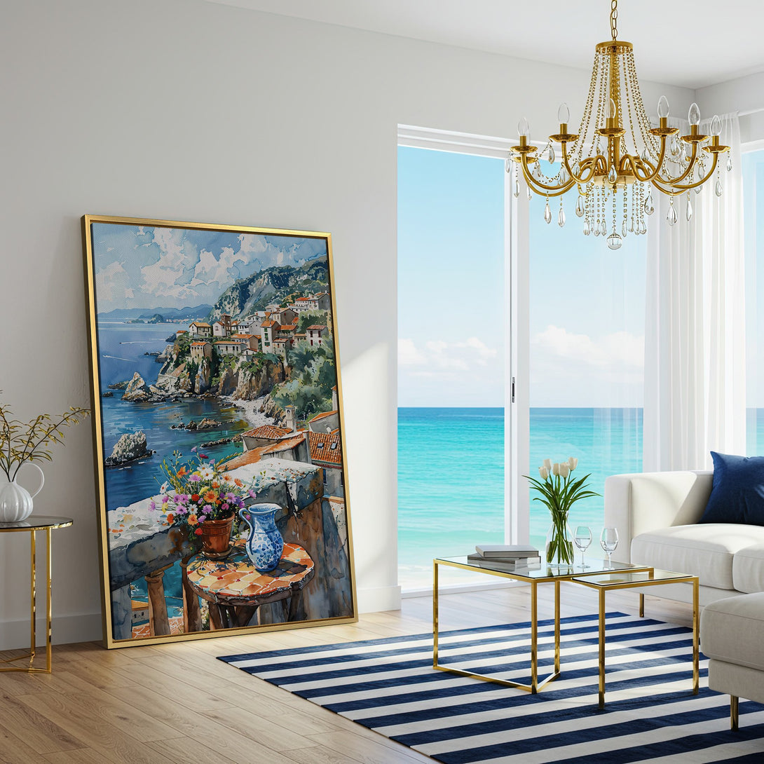 Canvas Print of a coastal watercolor painting in blues and warm tones, displayed in a bright, modern living room.