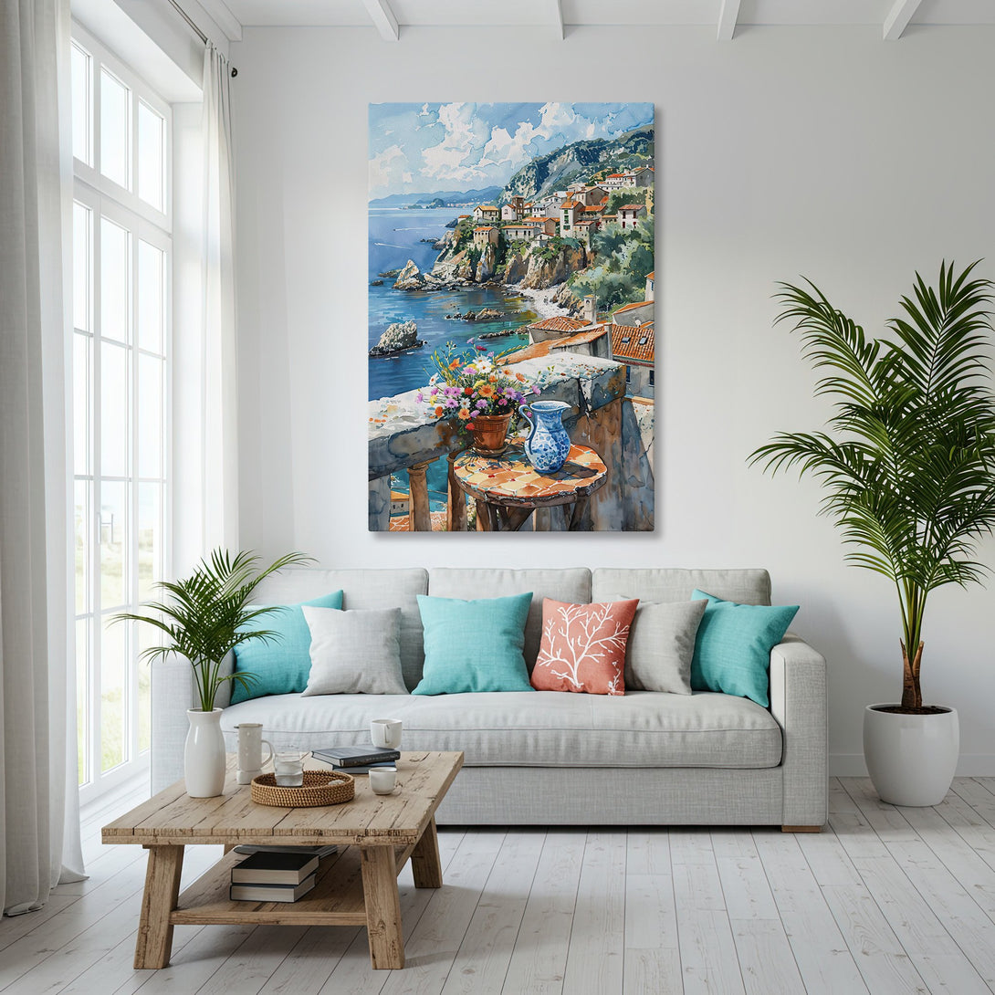 Framed Wall Art: Coastal watercolor painting in blue, gold, and white tones. Perfect for adding a touch of serenity to your home decor.