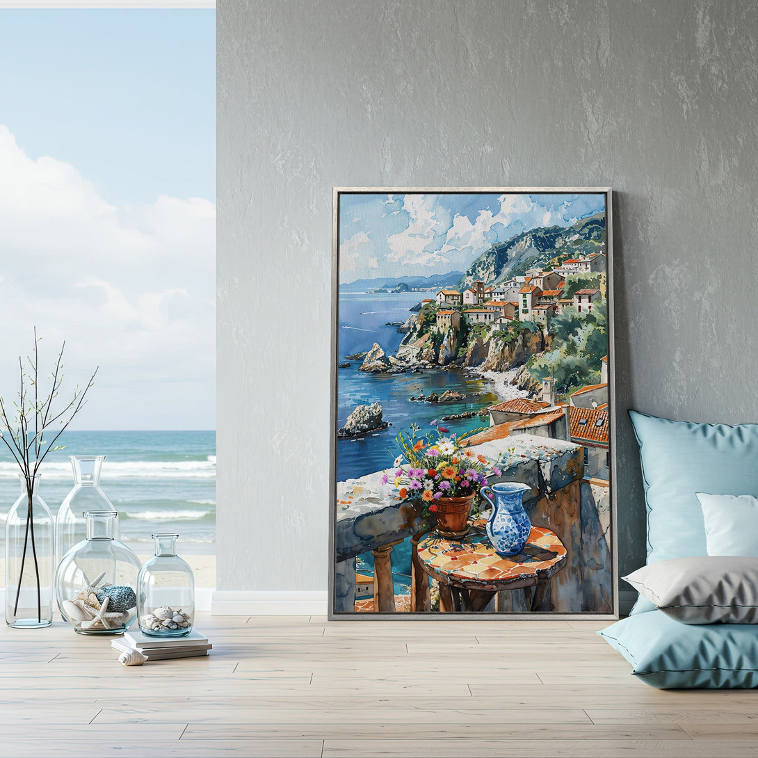 Framed Wall Art: Coastal watercolor painting with blue, green, and warm tones. Perfect for adding a touch of Mediterranean charm to your home decor.