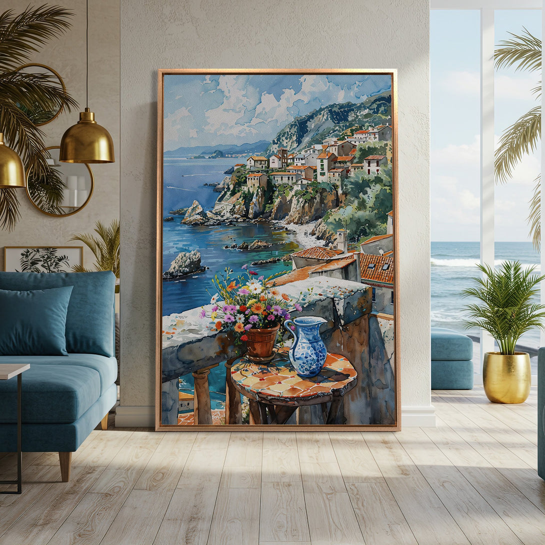 Framed Wall Art: Watercolor coastal landscape Canvas Print with blue, green, and earth-tone hues. Perfect for adding a touch of serenity to your home decor.