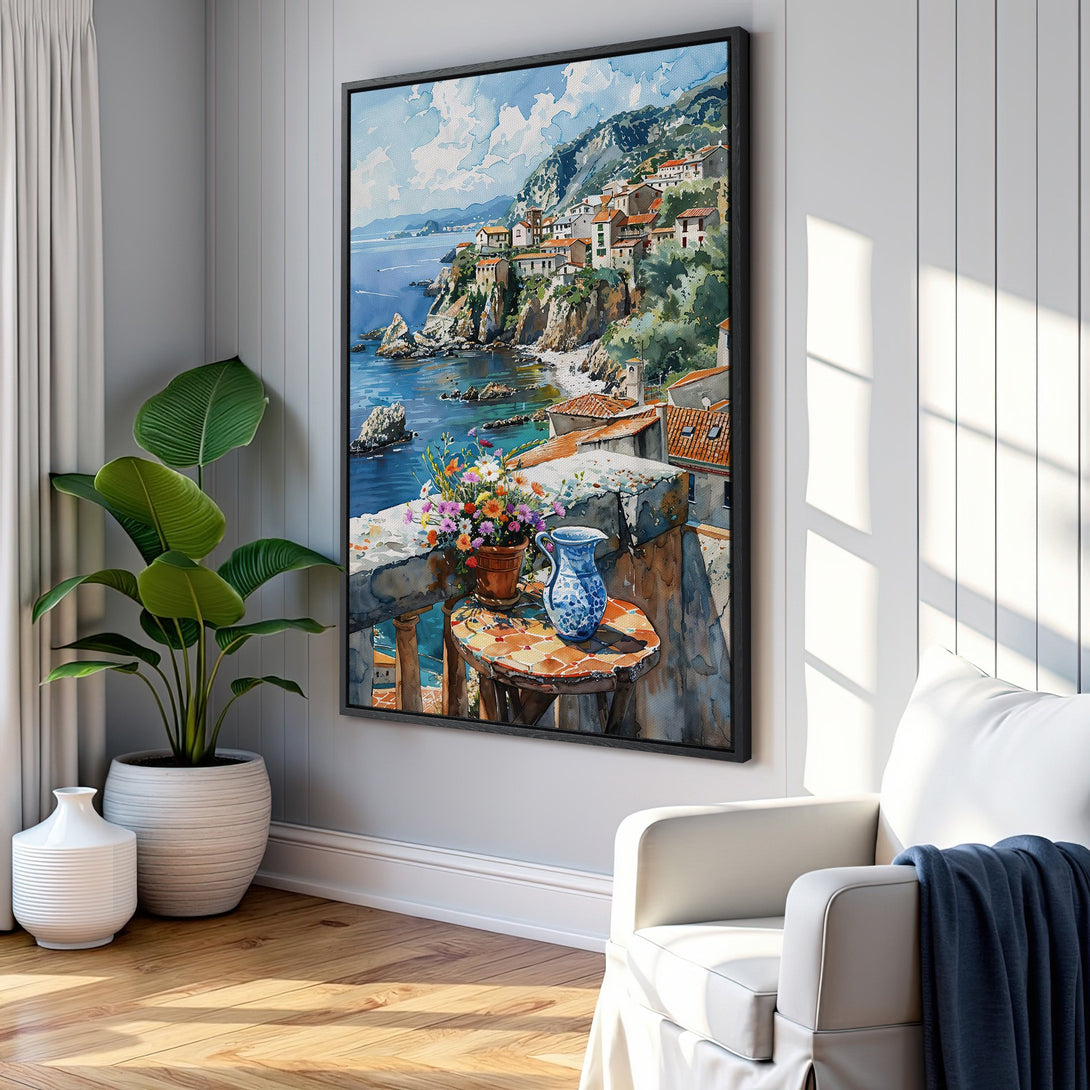 Framed Wall Art: Coastal watercolor scene in blues, greens, and oranges. Adds a touch of Mediterranean charm to your home decor. Perfect for living rooms!