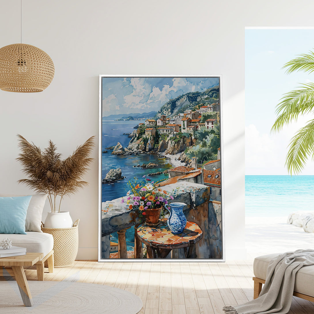 Framed Wall Art: Watercolor coastal village scene in blue, white, and orange hues. Perfect for adding a touch of Mediterranean charm to your home decor.