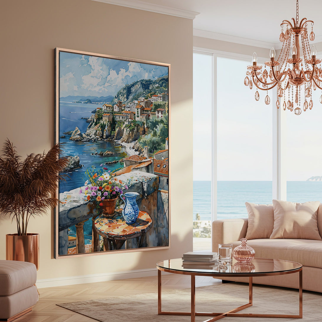 Framed Wall Art: Coastal watercolor print in a warm, neutral living room. Featuring a seaside village with blue, beige, and green tones. Perfect for home decor.