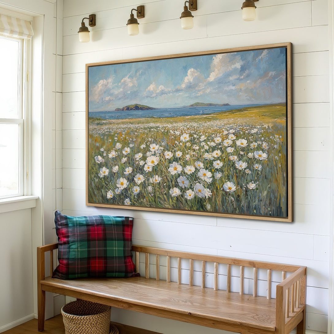 Framed Wall Art: Coastal landscape Canvas Print. Impressionistic style with blue, green, and white hues. Perfect for adding a touch of nature to your home decor.