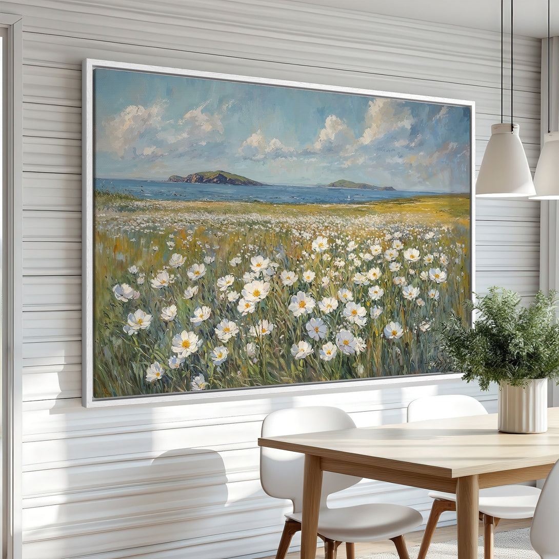 Framed Wall Art: Impressionist landscape Canvas Print of wildflowers by the sea, in a calming blue, green, and white color palette. Perfect for coastal decor.