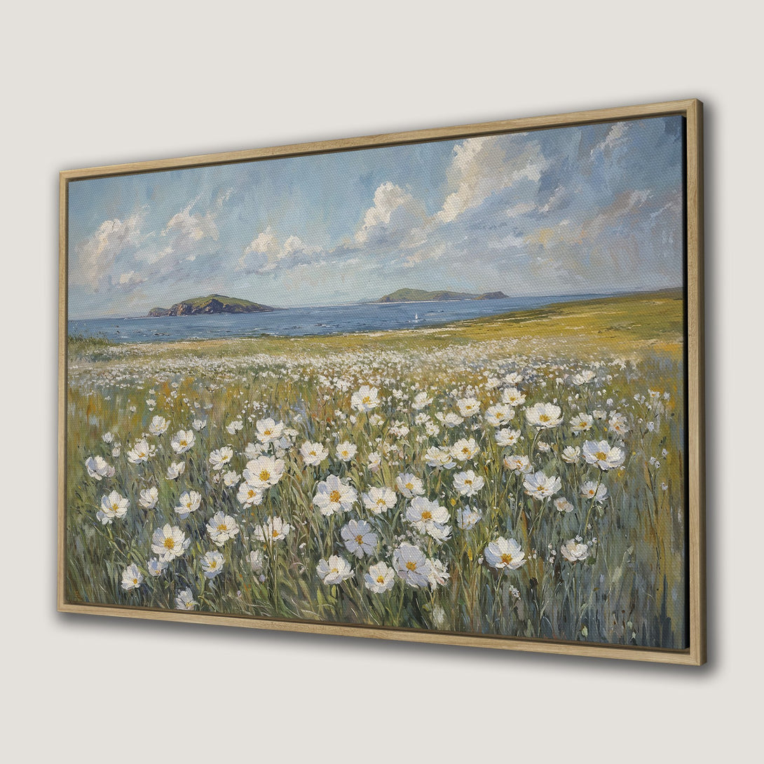 Canvas Print of a serene coastal landscape with white flowers, blue sky, and green fields. Impressionistic style, neutral color palette.