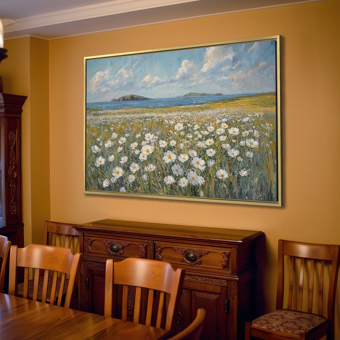 Canvas Print of a serene coastal landscape painting in a neutral living room. Features white flowers, blue sky, and a calming color palette.
