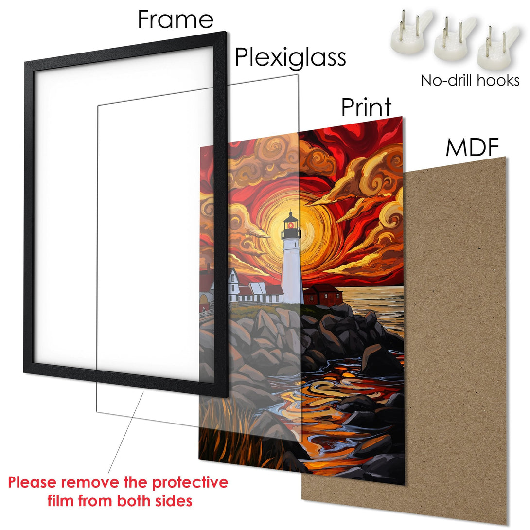 Framed Poster of a lighthouse art print. Features vibrant red & orange sunset, perfect wall decor.