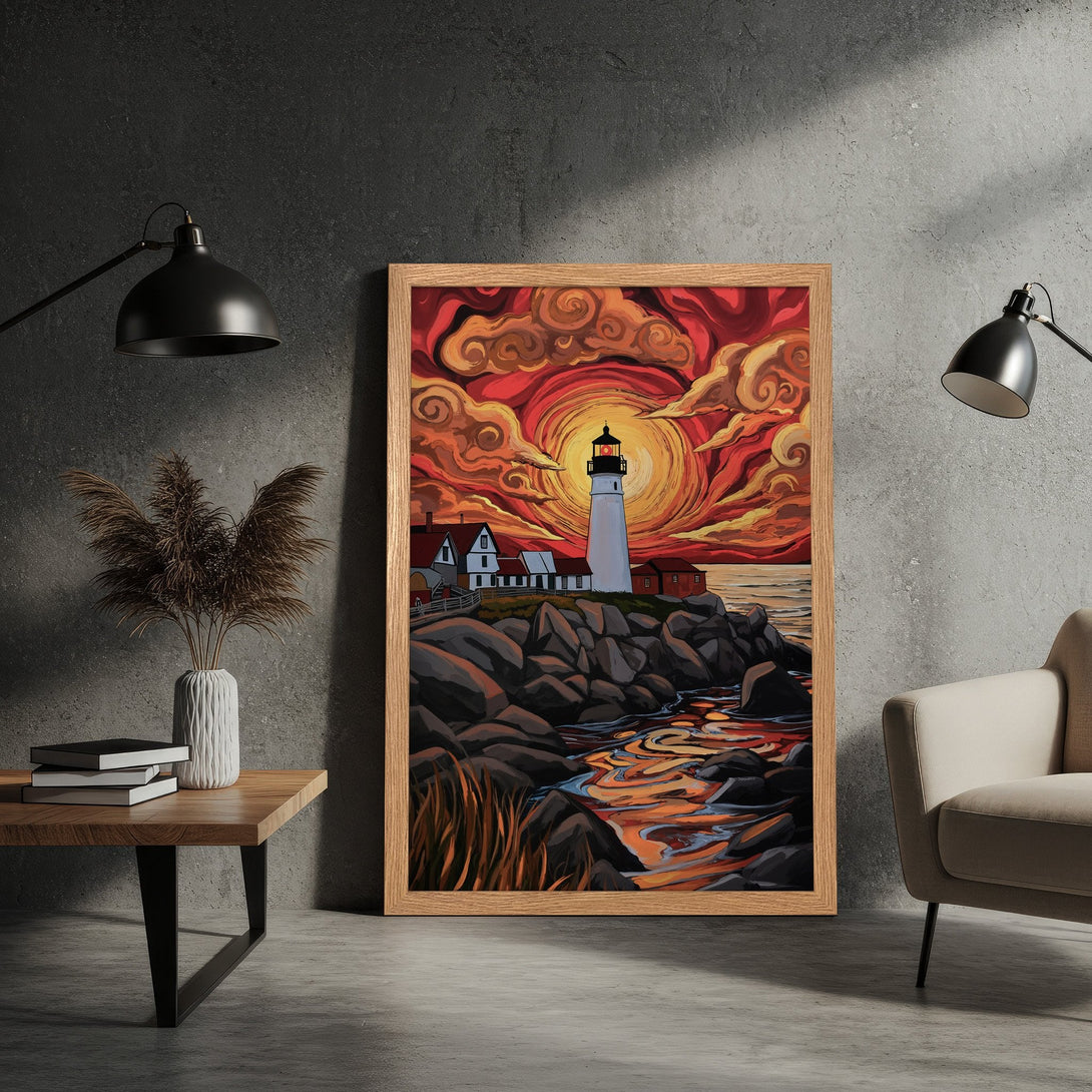 Framed Poster featuring a lighthouse at sunset. Vibrant art style with warm red, orange, and yellow color palette. Perfect wall decor!