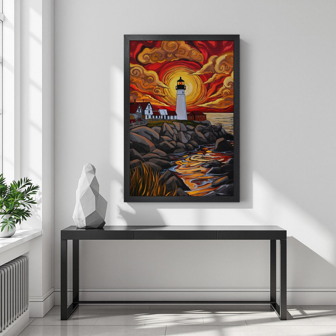 Framed Poster featuring a lighthouse at sunset. Vibrant red, orange, and yellow color palette. Perfect coastal art for your home!