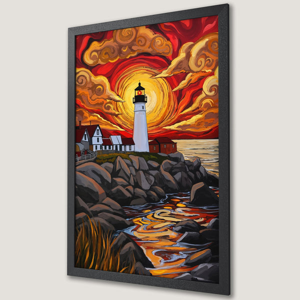 Framed Poster: Lighthouse art print in vibrant sunset colors. Coastal landscape painting in warm red, yellow, and orange palette.