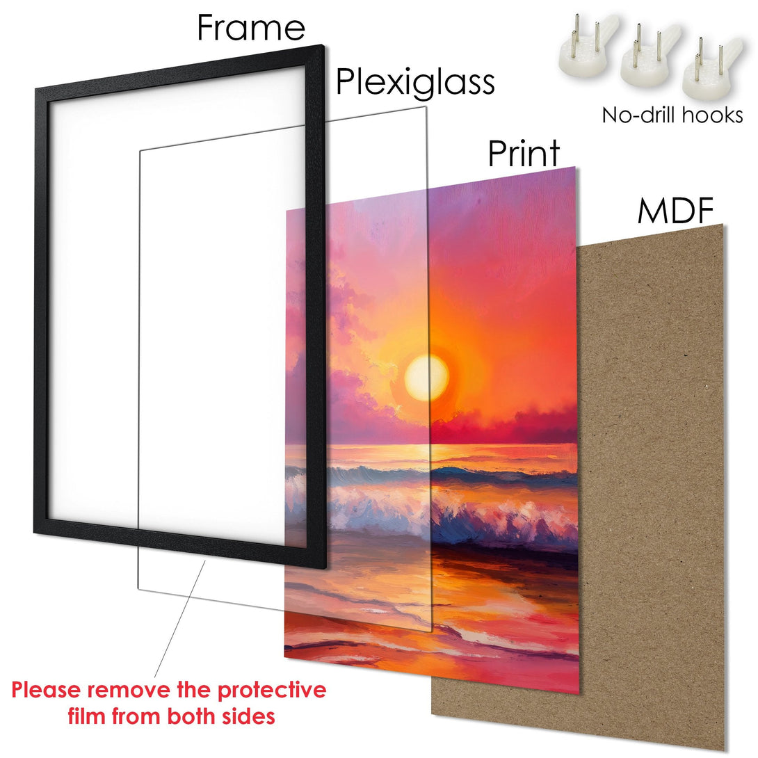 Framed Poster of a sunset over the ocean. Painting style with warm orange, pink, and purple color palette. Ready to hang art.