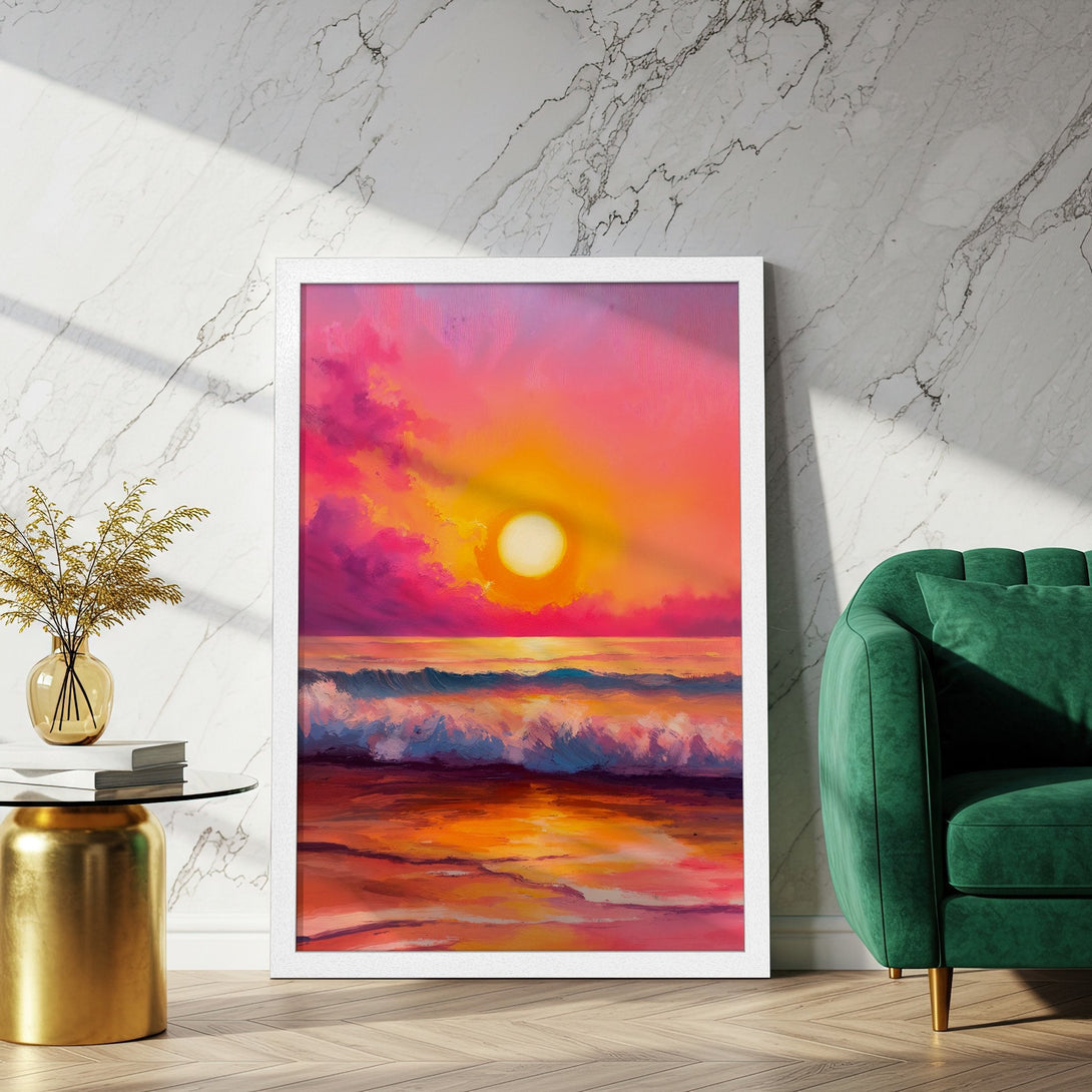 Framed Poster of a vibrant sunset over the ocean, painted in an impressionistic style with a warm pink and orange color palette.