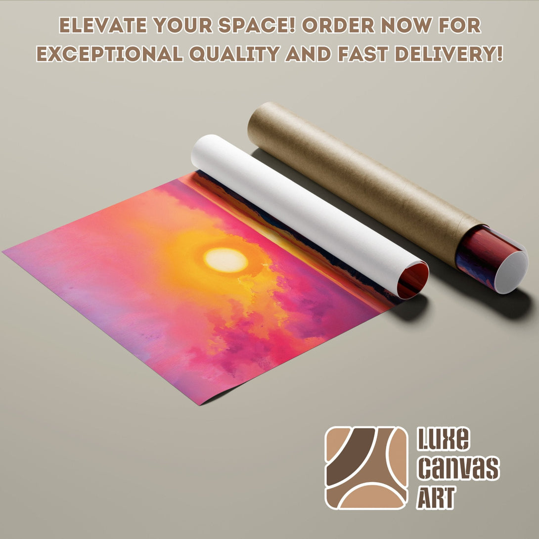 Poster Roll of vibrant sunset art in warm pinks, oranges, and yellows. Elevate your space!