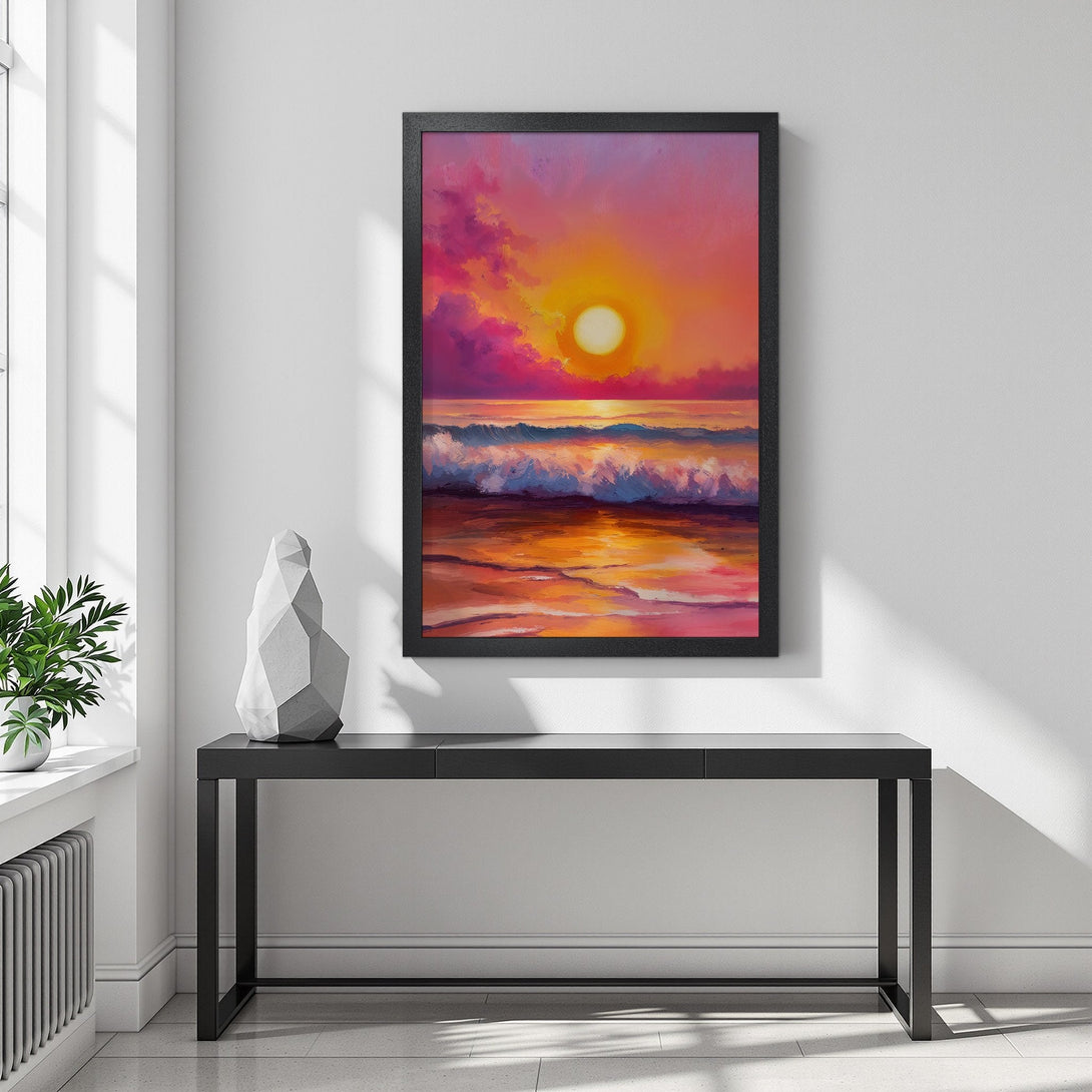 Framed Poster: Sunset over ocean art print. Vibrant painting style with warm orange, pink, and blue hues. Perfect wall decor for any space.
