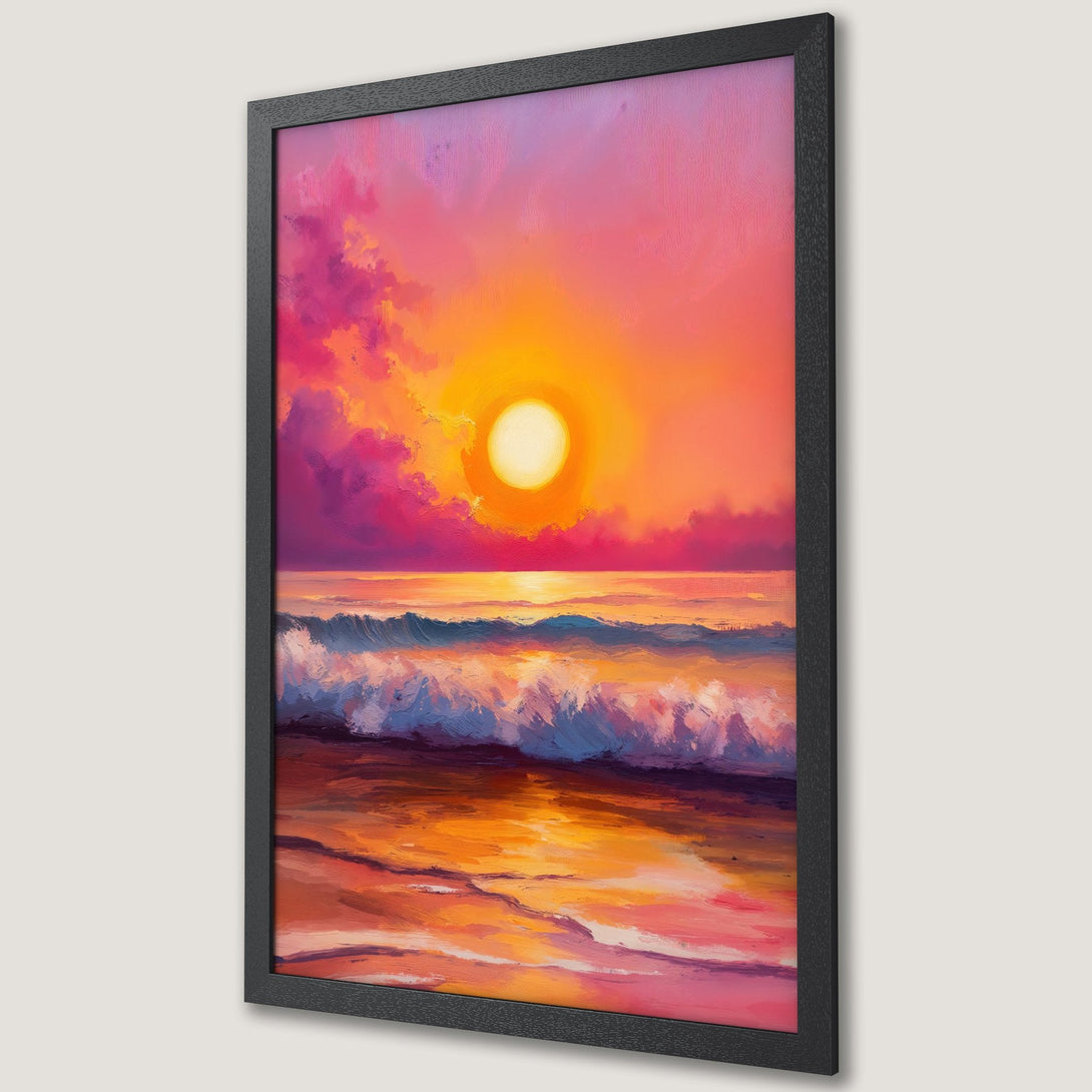 Framed Poster of a vibrant sunset over the ocean, painted in a bold, impressionistic style with warm orange, pink, and blue hues.