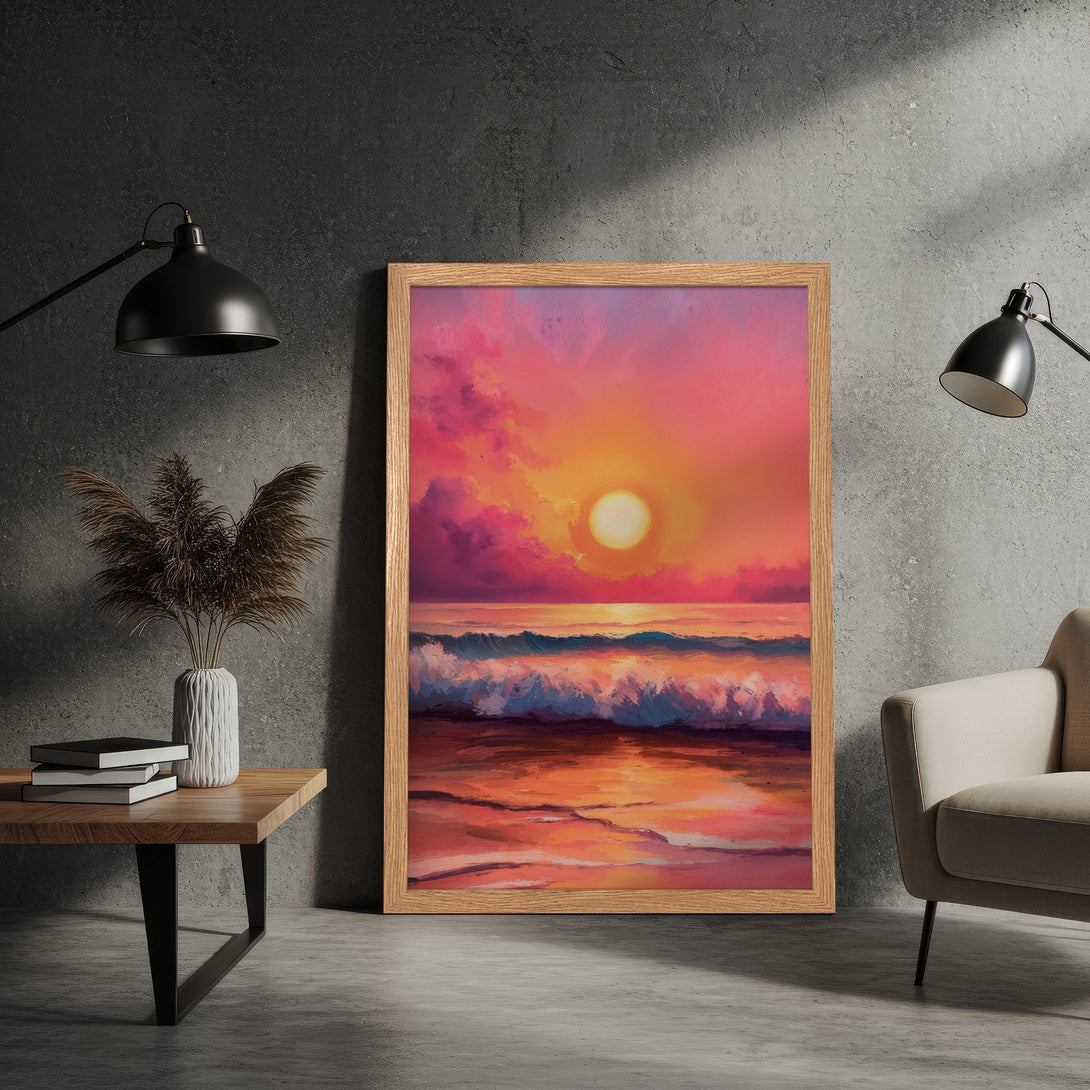 Framed Poster: Sunset ocean art print in warm pink, orange, and blue tones. Perfect wall decor for a vibrant living space.