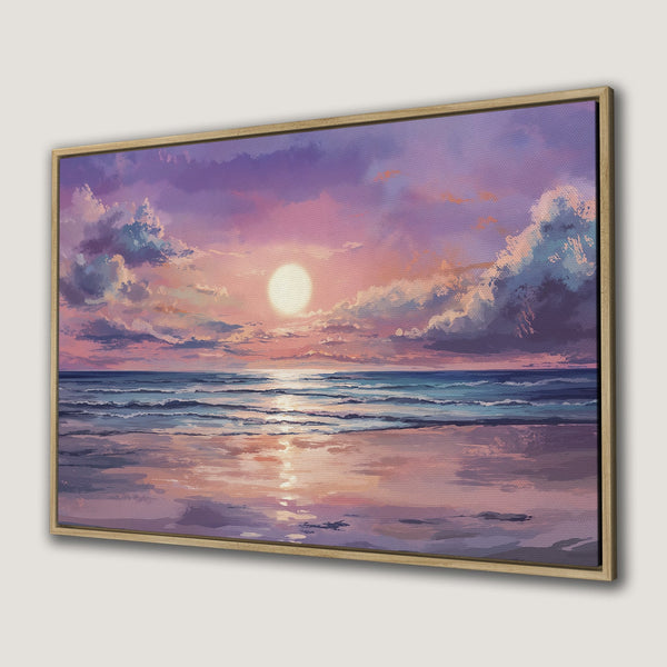 Framed Wall Art: Sunset over the ocean, painted in a dreamy style with a purple, pink, and blue color palette. Perfect for a calming space!